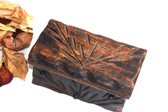 Vintage Wooden Jewelry Trinket Storage Box Hand C… - image 1