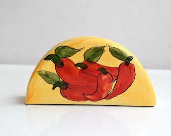 Suporte de guardanapo vintage, cerâmica, amarelo, vermelho, vegetal, meados do século, moderno, mcm, estúdio de arte, cerâmica, mesa europeia, decoração de cozinha