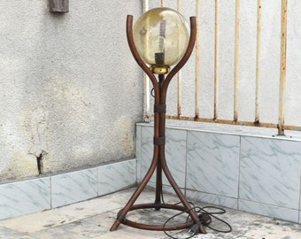 Vintage Tall Wood Floor Lamp Tripod Stand Amber Glass Shade Bedside Nightstand MCM Furniture Lights Mid Century ModernNight Lighting Decor