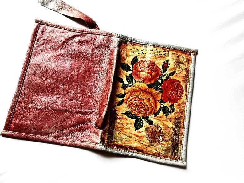 Decoupage Art Book Diary Cover Genuine Leather Vintage Dark Pink Rose