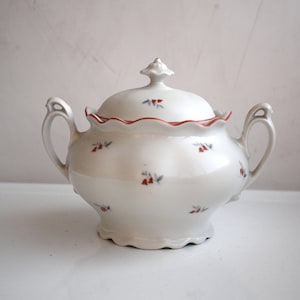 May include: White porcelain sugar bowl with a lid and two handles. The bowl has a red and white floral pattern.