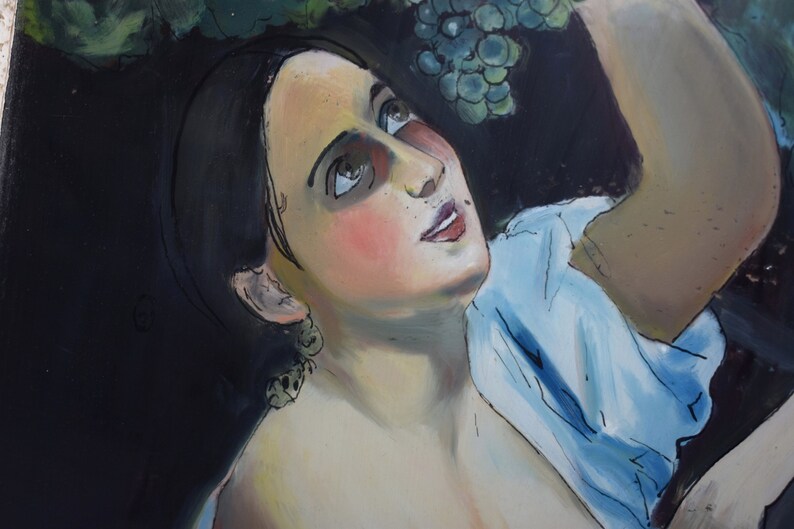 May include: A painting of a woman with dark hair and a blue shirt, reaching up to a bunch of green grapes.