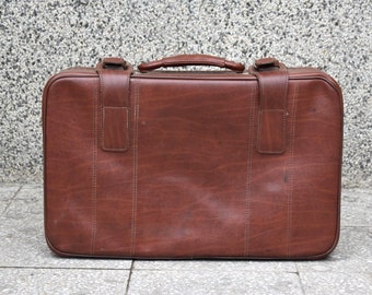 Vintage Leather Suitcase Brown Travel Luggage Europe Mid Century 70s  Retro Baggage Bag