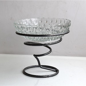 Vintage Clear Depression Glass Footed Bowl Iron Metal Stand European Table Centerpiece Fruit Dish Plate Salad Kitchen MCM Glassware Pottery