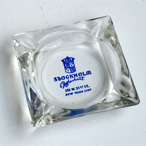 Vintage Stockholm Restaurant New York City Advertising MCM Clear Glass Ashtray Smokers Gift Tobacciana Cigarette Cigar Ash Tray Table Decor