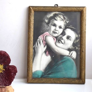 Old Framed Photo Portrait Mother Child Vintage Wooden Original Frame Studio Photography Picture Hand Colored Printed Art Wall Hanging