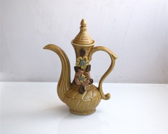 Vintage 8" Turkish Wine Jug Ceramic Pitcher Vase European Floral Pattern Rustic Farmhouse MCM Pottery European Mid Century Modern