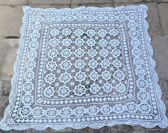 Vintage 34" x 34" Tablecloth Square Off White Table Cloth Hand Crocheted Cotton Table Cover Blanket Table Mantel Dresser Scarf MCM Rustic