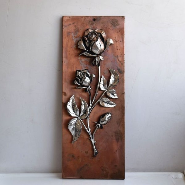 Vintage Copper Silver Flower Wall Hanging Decor Hand Hammered Relief Picture Panel Embossed Plaque European MCM Mid Century Modern