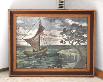 Vintage Ship Sea Coastal Tapestry Embroidered Woven Fabric Framed Wall Hanging Picture Panel Ocean Plaque European MCM Mid Century Modern