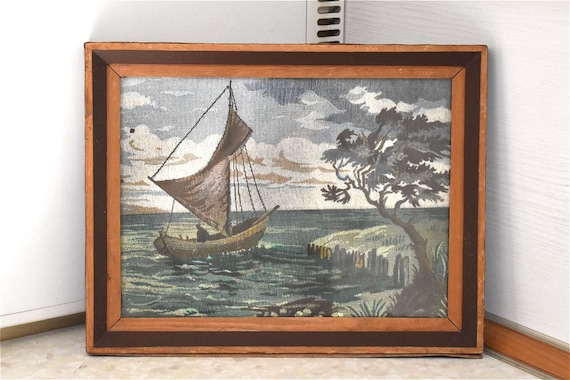 Vintage Ship Sea Coastal Tapestry Embroidered Woven Fabric Framed Wall Hanging Picture Panel Ocean Plaque European MCM Mid Century Modern