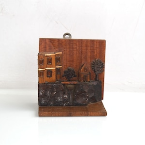Vintage 3D Wall Wooden Picture Plaque Home House Tree Art MCM Mid Century Modern Rustic Cottage Core European Art