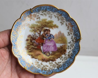 Vintage Miniature LIMOGES Fragonard French Porcelain Collectible Plate Brass Stand Love Couple European MCM European France Baroque Pottery
