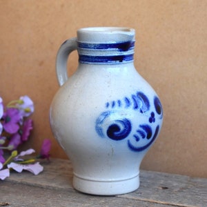 Grés vintage cerâmica cinza azul arte sal vitrificado jarro pote vaso alemanha ocidental cerâmica europeia pintado à mão étnica rústica decoração de casa