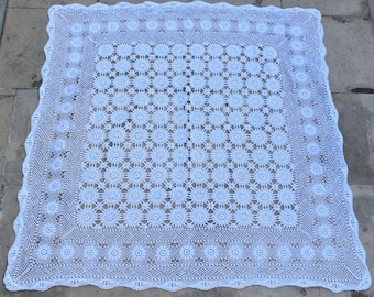 Vintage 35" x 35" Tablecloth Square Off White Table Cloth Hand Crocheted Cotton Table Cover Blanket Table Mantel Dresser Scarf MCM Rustic