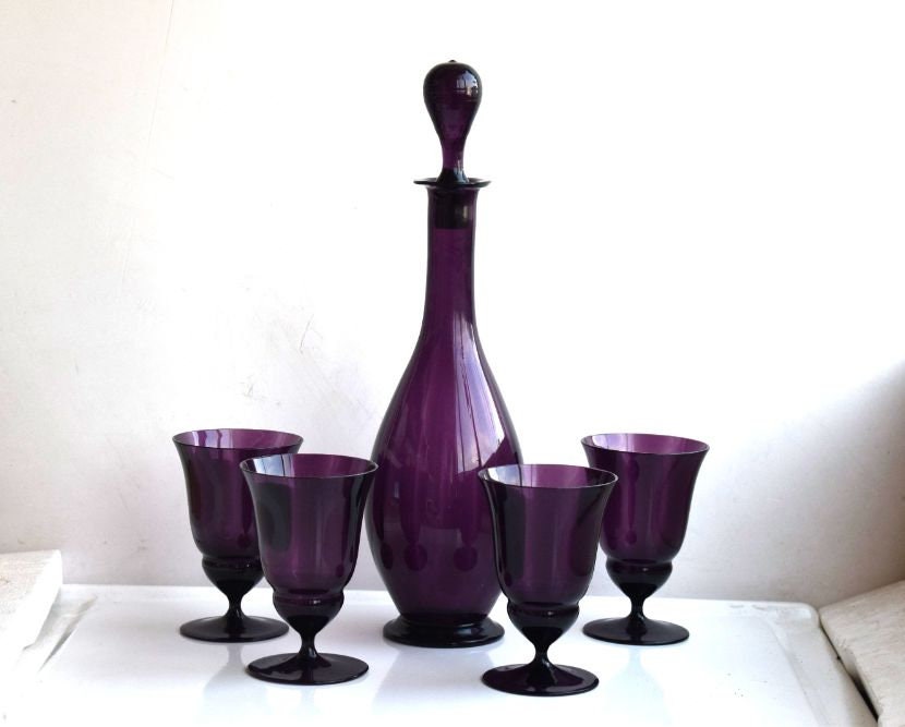 Vintage Set Decanter Glasses Empoli Glass Purple Amethyst Optic