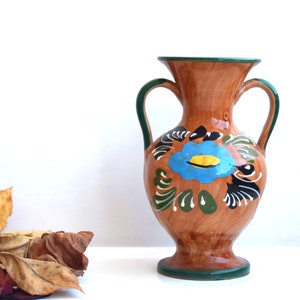 Vintage Ceramic Vase Brown Flower Mid Century West Germany Rustic Glazed Porcelain Art Decor Pottery European Hand Painted Home Decoration