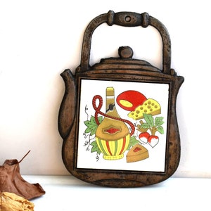 Vintage Metal Cast Iron Ceramic Teapot Tea Pot Holder Trivet Retro Kitchen Wall Hanging Rustic Country West Germany European Pottery Art