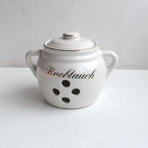 Vintage Garlic Onion Keeper Porcelain Jar Preserve Pot Canister Rustic Cottage Core MCM Storage Germany Pottery Mid Century Modern Decor