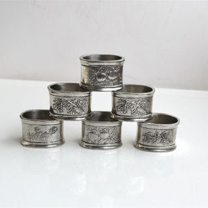 Vintage Set of 6 Napkin Rings Holder Pineapple Apple Grape Pattern Silver Chrome Metal Serving Decor Table European MCM Mid Cemtury Modern