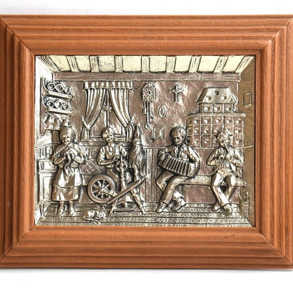 Vintage Framed Picture Ornate Metal Tin Wall Hanging Ornament Koziol West Germany European Art Rustic Primitive Farmhouse Country Embossed