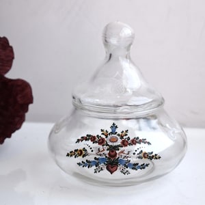 Vintage Joska Clear Glass Candy Jar Lid Bowl Hand Painted Storage Nuts Jewelry Trinket Box Cup Bonbonniere MCM European Pottery Mid Century