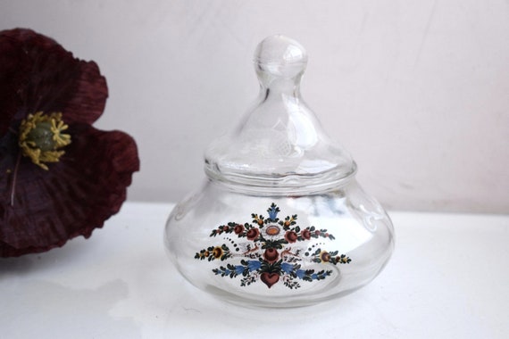 Vintage Joska Clear Glass Candy Jar Lid Bowl Hand Painted Storage Nuts Jewelry Trinket Box Cup Bonbonniere MCM European Pottery Mid Century