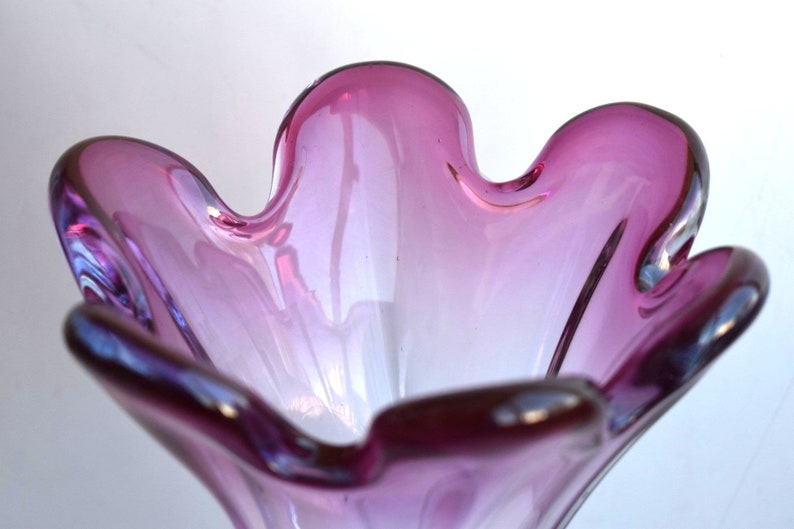 Vintage Murano Sommerso Amethyst Purple Venetian Glass Table Vase Ruffled Edge Bud Swung Vase European Italy Pottery Art Deco Mouthblown