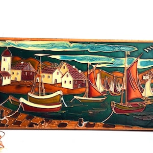 Vintage Copper Sea Coastal Town Landscape Wall Hanging Decor Hand Hammered Relief Picture Panel Embossed Animal Plaque European Mid Century