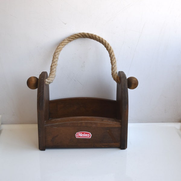 Vintage Heinz Wood Basket Rope Handle Caddy Tote Storage Cutlery Box Rustic Restaurant Bistro Brown Home Garden Table Decor Bowl Farmhouse