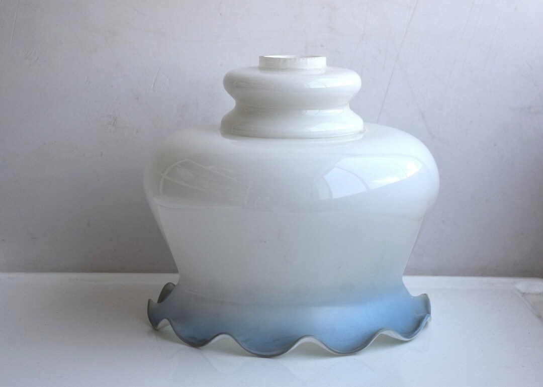 Vintage Lagre White Blue Milk Glass Lamp Shade Lighting Light Globe