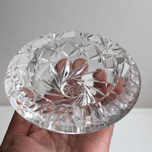 Vintage Lead Crystal Cut Clear Glass Etched Round Ashtray MCM Studio Art Pottery European Mens Gift Tobacciana Cigarette Cigar
