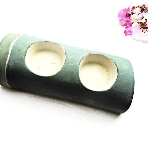 Ceramic Green Bamboo Tree Tea Light Holder Candle Pottery Home Decor Decoration Meditation Asian Style Feng Shui Zen Aromatherapy Clay Earth