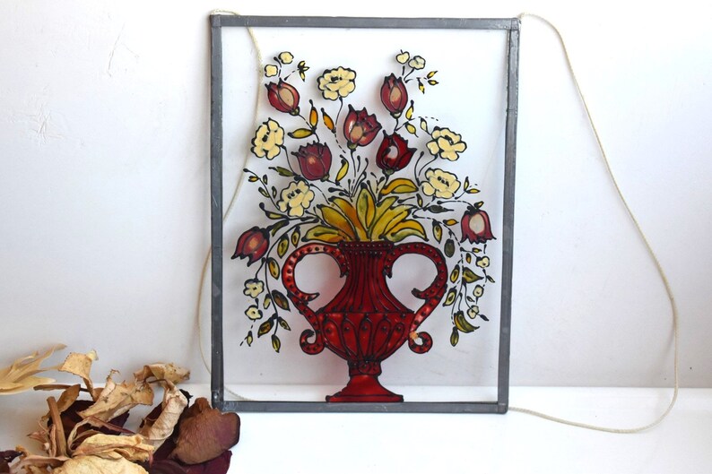 Vintage Stained Glass Wall Hanging Decor Hand Painted Red Etsy
