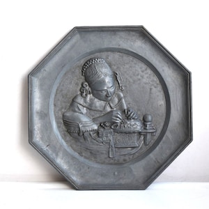 Vintage Woman Lady Wall Pewter Metal Plate Plaque Woman Lady Rustic Scene West Germany European Embossed Engraved Pottery Art Cottage Core