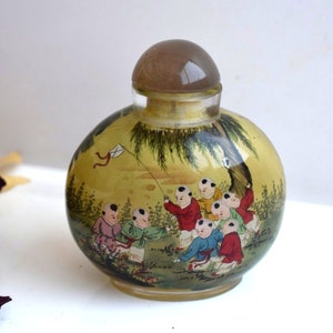 Vintage Snuff Bottle Chinese Asian Peking Reverse Inside Painted Glass Green Jade Gemstone Top Perfume Jar Essential Oil Fragrance Aroma
