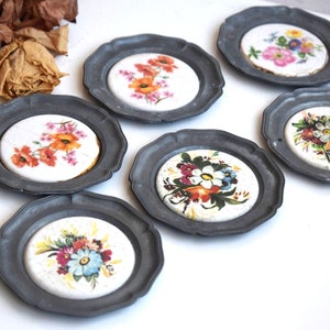 Vintage Pewter Coasters Set of 6 West Germany European Solid Metal Ceramic Porcelain Zinc Cup Pads Bar Kitchen Table Decor Bartenders Gift