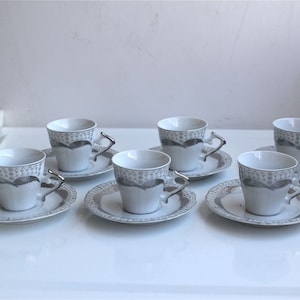 Vintage Set of 6 Porcelain Coffee Cups Saucers White Silver Mid Century Modern Indonesian Indonesia MCM Ceramic Pottery Family Mothers Gift