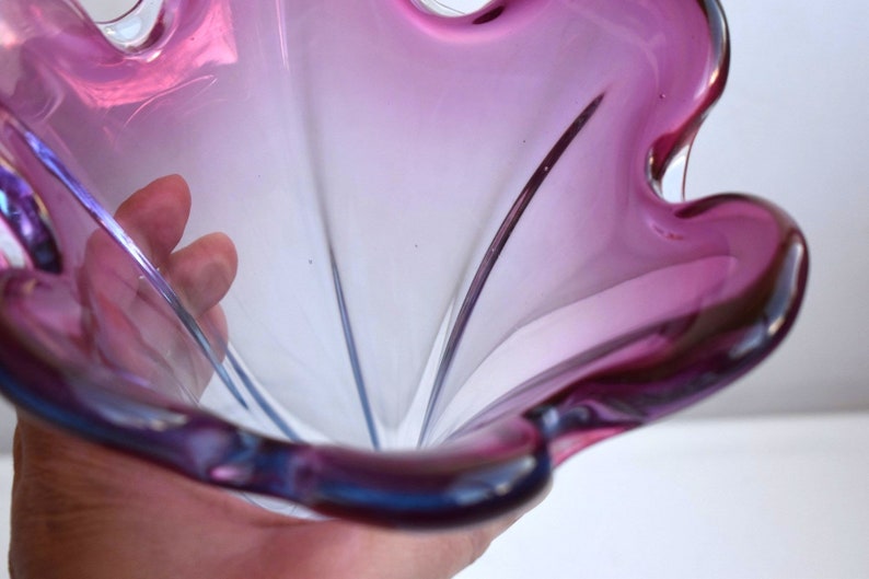 Vintage Murano Sommerso Amethyst Purple Venetian Glass Table Vase Ruffled Edge Bud Swung Vase European Italy Pottery Art Deco Mouthblown