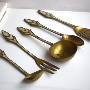 Vintage Set of 5 Solid Brass Mother of Pearl Cooking Frying Serving Utensils Fork Spoon Sieve Ladle Strainer India Indian Asian Flatware
