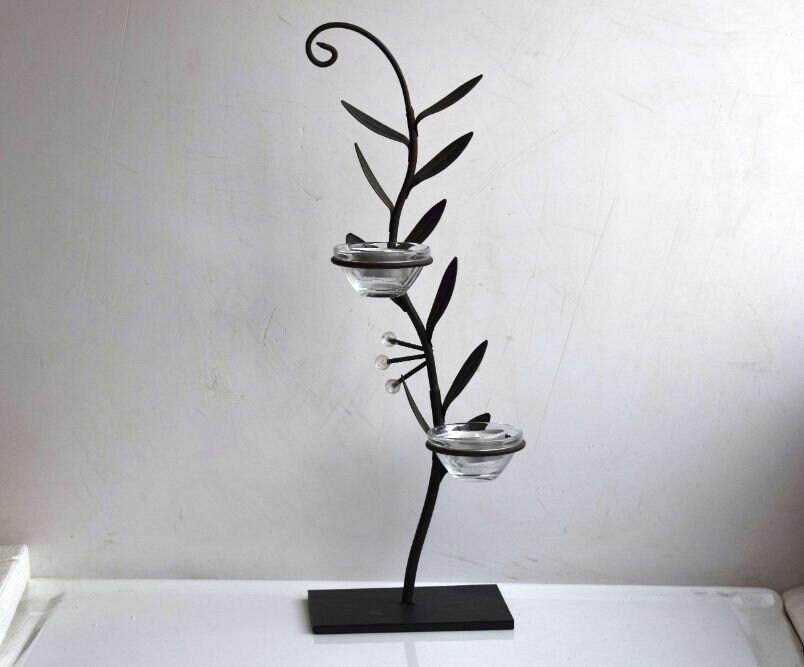 Vintage 14.5" Cast Iron Tea Light Candle Holder Tree Leaves Solid Metal Figurine Statue Primitive Minimalist Home Decor Retro Art European