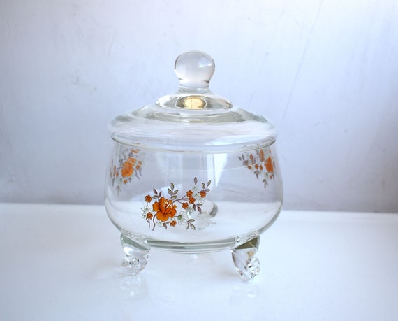 Vintage Clear Glass Candy Jar Lid Bowl Hand Painted Storage Nuts Jewelry Trinket Box Cup Bonbonniere MCM European Pottery Mid Century Modern