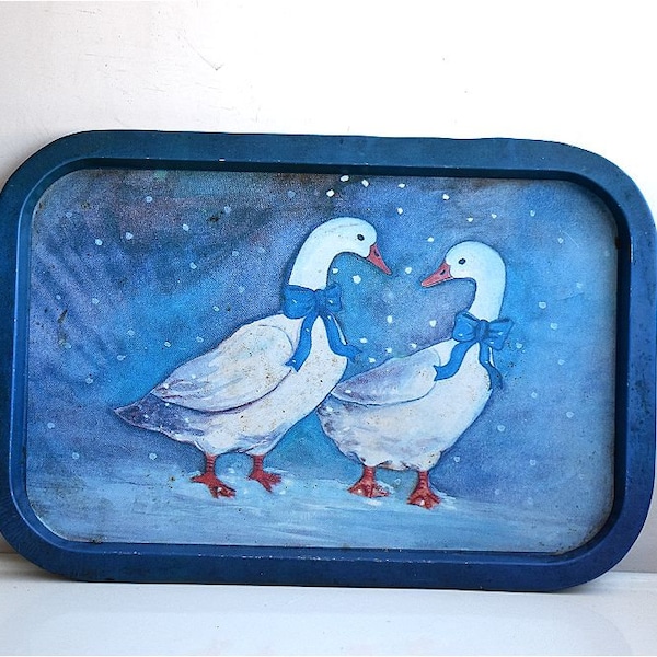 Vintage Metal Tin Serving Tray Duck Goose MCM Mid Century Modern Rustic Cottage Core Table Decor European Blue Plate Bowl Pottery Barware