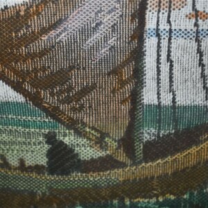 May include: A detailed image of a sailboat on the water. The boat is brown with a large sail, and there is a person in the boat. The water is green and the sky is light blue with some orange.
