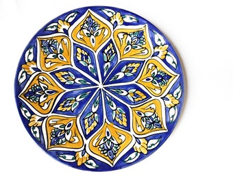 Antike Belgien belgischen Vintage gelb Kobalt blau Kunst Keramik Wandplatte Mid Century 1950 Dekoration europäische Heimat rustikale handbemalt Schale