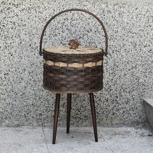 Vintage Tripod Sewing Box Wicker Basket Large Beige Brown Storage Wood Organizer Germany Mid Century MCM Furniture Rustic Cottage Core