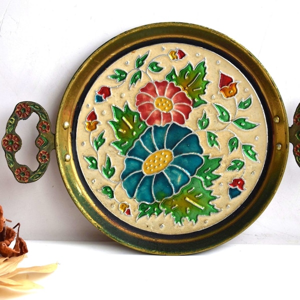Vintage Solid Brass Enameled Cloisonne Tray Platter Salver Handles Flower Art Hand Painted Home Decor Pottery European Kitchenware Art Deco