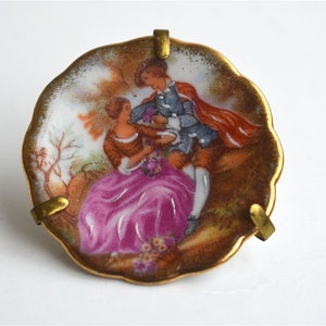 Vintage Miniature LIMOGES French Porcelain Tiny Collectible Plate Brass Stand Love Couple European MCM European Pottery France Baroque