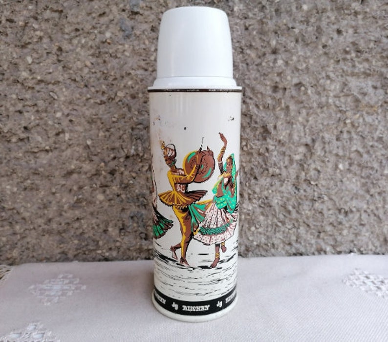 Vintage METTLE Thermos Indian Dancers Aluminum Jug Vacuum Flask