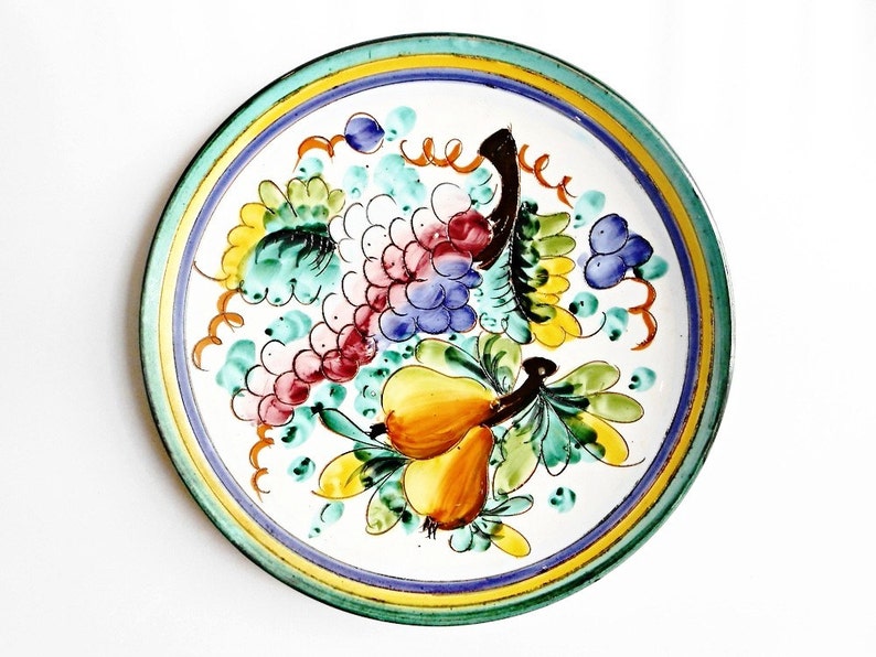 Vintage Italian Ceramic Wall Plate Hanging MCM Mid Century Italy Art Hand Painted European Pottery Home Decor Green Grape Fruits Rustic Bowl image 1